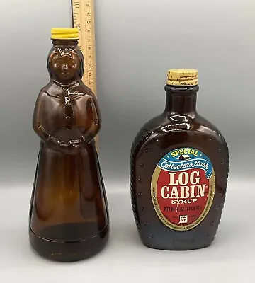 2 Vtg Glass Syrup Bottles~Log Cabin 24oz Mount Rushmore Label~Mrs Buttersworth • $19.99