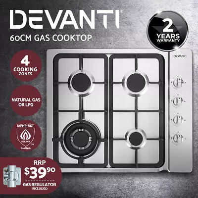 Devanti Gas Cooktop 60cm Kitchen Stove 4 Burner Cook Top NG LPG Stainless Steel • $219.95