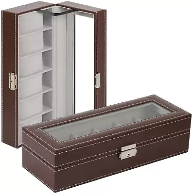 6 Slot Leather Men Watch Box Display Case Organizer Glass Jewelry Storage Brown • $21.65