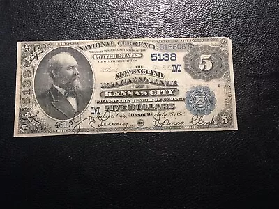 5.00 1882 Date Back National Currency Kansas City Missouri Damaged Tears Inkings • $275