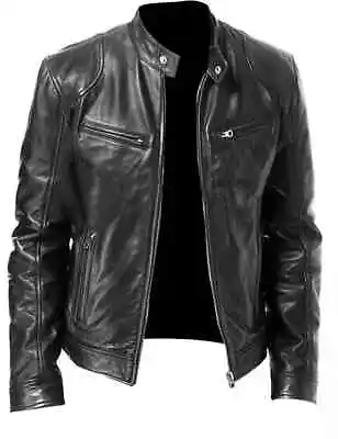 Cafe Racer Biker Leather Jacket  Black & Brown Soft Sheep Skin Leather  • $95.99