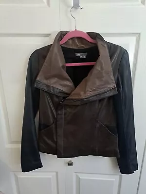 Vince Leather Moto Jacket Black /Dark &Ligh Brown Women's  Lightweight MEDIUM  • $99