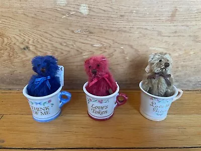 GUND Teddy Bears Mini Teddy Bears In Cups. Brown Blue And Red. Genuine Mohair • $7.49