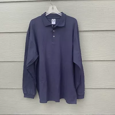 Cotton Deluxe Mens Polo Shirt Sz XL Long Sleeve Solid Navy Blue Buttons Collar • $11.99