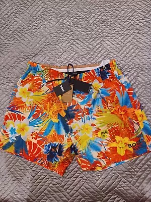 Hugo Boss  Black Label Orange Floral Print Swim Trunks Quik-dry Size M • $69