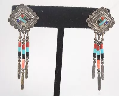 Vintage Quoc Turquoise Dangle Earrings Multi Gems Beads Southwestern Signed QT • $29.97