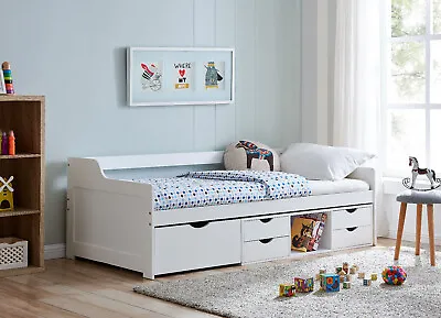 Children Day Bed Wooden Single Bed For Kids With Drawers Storage White Bed • £259.99