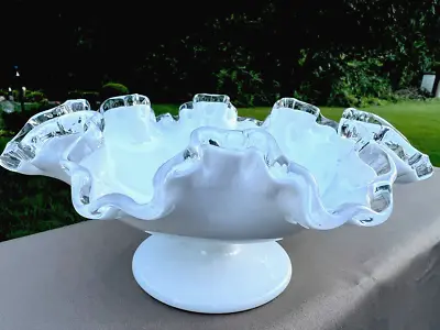 Vintage Fenton Silver Crest Milk Glass Pedestal Candy Bowl Ruffled Edge 8.5  EUC • $16