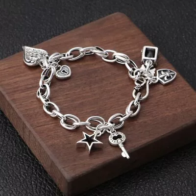 925 Sterling Silver Thick Chain Pendant Charm Bracelet Retro Unique Party Bangle • $11.95