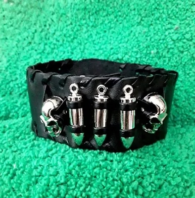 Mens Leather 'skull & Bullet' Cuff Bracelet • $12.49