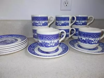 BLUE WILLOW Lot Of 6 Stacking CUPS 5 SAUCERS Marked USA Vintage • $20