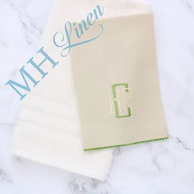 Monogram Initials KCA Guest Towel In Parchment With Green/Gold Thread Embroidery • $15