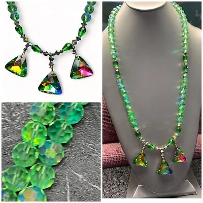 Vintage ￼WOW Crystal  E Green AB Watermelon  Vitrail ￼Necklace 30” • $32.50