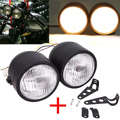 Motorcycle Twin Headlight Dual Light For Harley Street Cafe Racer Old School NEW • $34.73