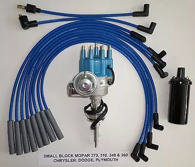 MOPAR 273 318 340 360 BLUE SMALL HEI Distributor + Black 45K Coil + Plug Wires • $153.86