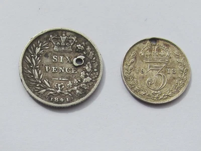 £1.99 • Buy Victoria Silver Sixpence 1841 & George V Threepence 1913 - HOLED FILLER Coins