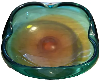 Vintage Murano Sommerso Glass Turquoise Green/Blue W/Orange Pinched Bowl • $40