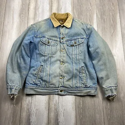 Lee Denim Jacket Mens Medium Blue Sherpa Lined Trucker Distressed 70's USA MADE • $69.95