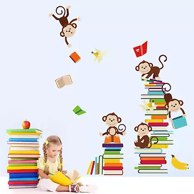 Monkey Wall Decals Animals Reading Books Wall Stickers Baby Nursery Kids Bedroom • $18.11