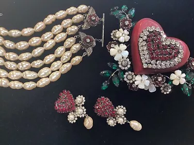 Lawrence Vrba Large Heart Brooch/Pin Faux Pearl Necklace & Earrings Signed • $575