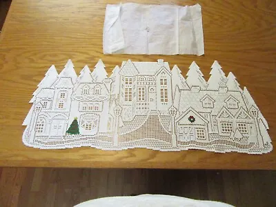 VTG White Swiss Made Lace Table Runner 36  X 15  W/Houses/Christmas Tree Design • $39.95