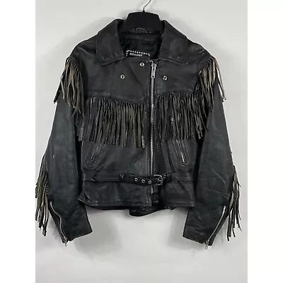 Vintage Mary Land Leather Inc. Genuine Leather Fringe Biker Jacket Black 18 D626 • $89