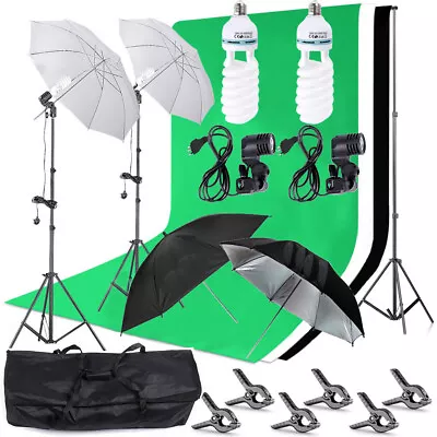 Photo Studio Continuou Lighting Kit Umbrella Backdrop Background Light Stand Set • £55.99