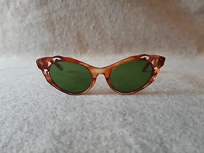 Vintage Retro Cateye Cut Out Brown Amber Sunglasses Green Lenses Made In Italy • $34