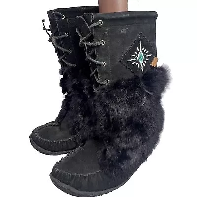 Tecumseh Canada Boots Men 9 Raven Muk Luks Black Rabbit Fur Sherpa Lined Suede • $39