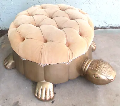 Large Gold Carved Wood And Upholstery Turtle Ottoman Footstool 34 X30.5 X15  • $299.25