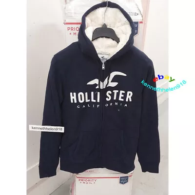 Hollister Sherpa Lined Full Zip Logo Hoodie Sweatshirts Navy Blue Mens Size M • $199.99