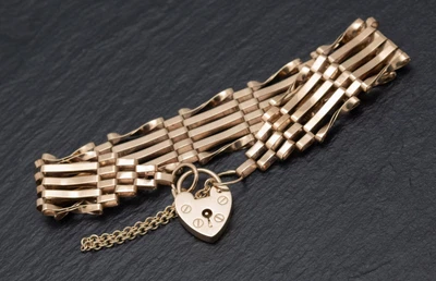 £395 • Buy Vintage 9ct Gold Five Bar Gate Bracelet With Heart Padlock Love & Fidelity