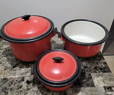 Vintage Vollrath Kook King Ware Red Enamel Pot Pan 5 Piece Set 8 QT 6 QT 2 QT • $75