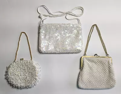 Vintage Beaded Purses Handbag Lot Of 3 White Beads Sequins Dress Up Cocktail • $23.96