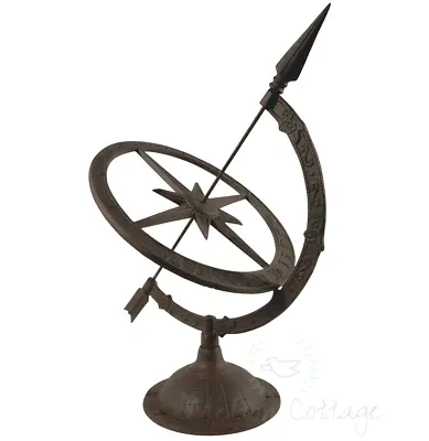 Cast Iron Armillary Sundial Clock Timepiece Garden Ornament Moon Sun Brown • £39.99