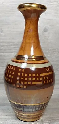 Studio Art Pottery Gold Rim Hand Painted Brown Stoneware Pot Vase Dripped VTG • $12.64