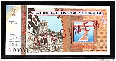 Macedonia Vevcani 2  Licnik Banknote 1.1.2000  UNC SPECIMEN • $25