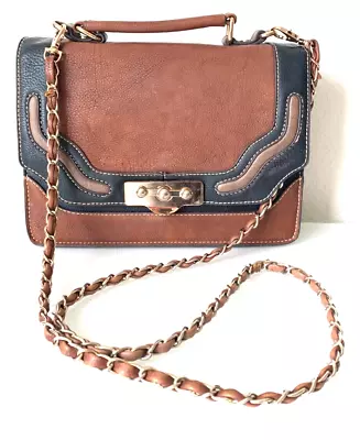 Melie Bianco Faux Leather Boho Crossbody Top Handle Bag Two Tone Rectangle Brown • $16.95