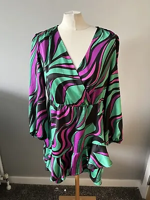 Ladies Papaya Green Purple Black Funky 70’s 80’s Style Ruffle Mini Dress Size 12 • £10