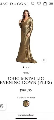NWT Mac Duggal Liquid Gold Bronze Metallic Long Sleeve Gown 22W $398 #49073 • $105