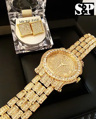 Men Hip Hop Iced Gold PT Techno Pave Simulated Diamond Watch & Earrings Set • $33.99