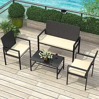 4PCS Outdoor Patio Rattan Furniture Set Cushioned Sofa Coffee Table Deck • $135.99