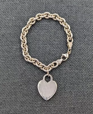 Vtg Sterling Silver Oval Cable Chain Heart Charm 925 Heavy 7.5  Bracelet - 30g • $58.50