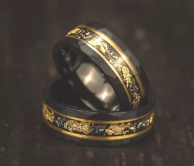 Meteorite Hammered Gold Leaf Ring Black Hammered Men's Wedding Band Wooden Box • $99.99