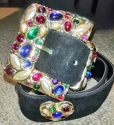 Vintage Y2K 90s Express Women's Size Medium Black Jeweled Rainbow Belt • $14