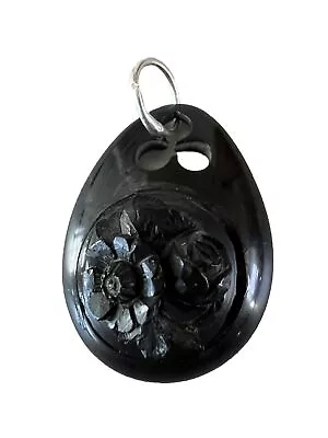 Antique Victorian Whitby Jet Black Mourning Pendant With Silver Bail • $75