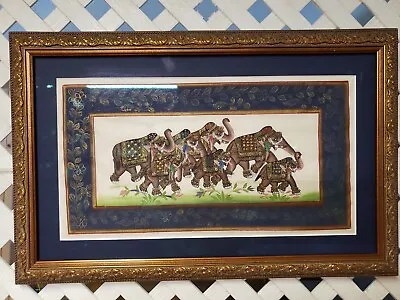 Hand Painted Elephants On Silk India Mughal Framed 20x13in • $75