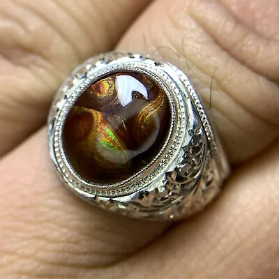 Natural Fire Agate Cabochon Cut In Sterling Silver Engraved Ring • £154.08