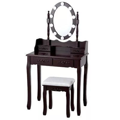 4 Drawers Vanity Table Dressing Table W/Touch Switch  & 10 Dimmable Bulbs Brown • $159.99
