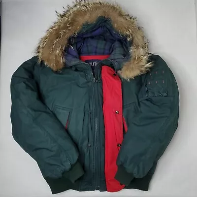 Vintage Nautica Down Parka Puffer Coat Jacket Coyote Fur Trim Hood Mens S 90s • $225.88